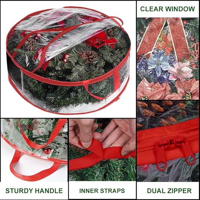ProPik Christmas Wreath Storage Bag - 2 Pack Artificial Christmas Wreath Storage Container- Garland Holiday Wreath Storage Holder –Water Proof Transparent Clear PVC - with Handles (Red, 48 Inch)
