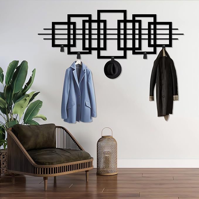Square Metal Coat Rack, Luxury Modern Wall Mount, Geometric Square Metal Wall Mount, Geometric Clothes Hooks, Home Storage Hooks (Gold, 14"x42"|35x105cm)