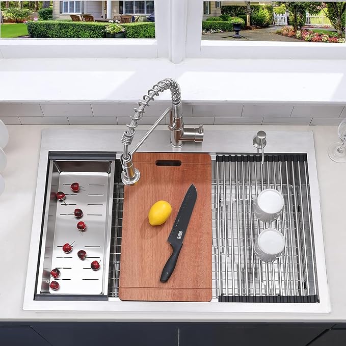 VCCUCINE 33x22 Inch Drop In Kitchen Sink,Overmount Stainless Steel Single Bowl Workstation Laundry Sink Top mount 2 Hole Farmhouse Kitchen with Cutting Board & Accessories