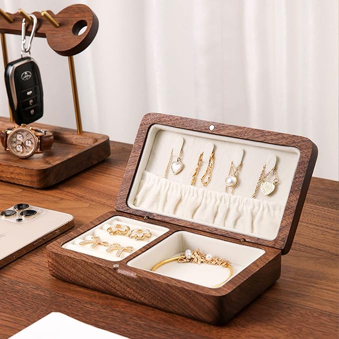 Jewelry Box Ladies Retro Travel Portable Mini Simple Solid Wood Wooden Small Jewelry Organize Storage Display Box (Walnut)