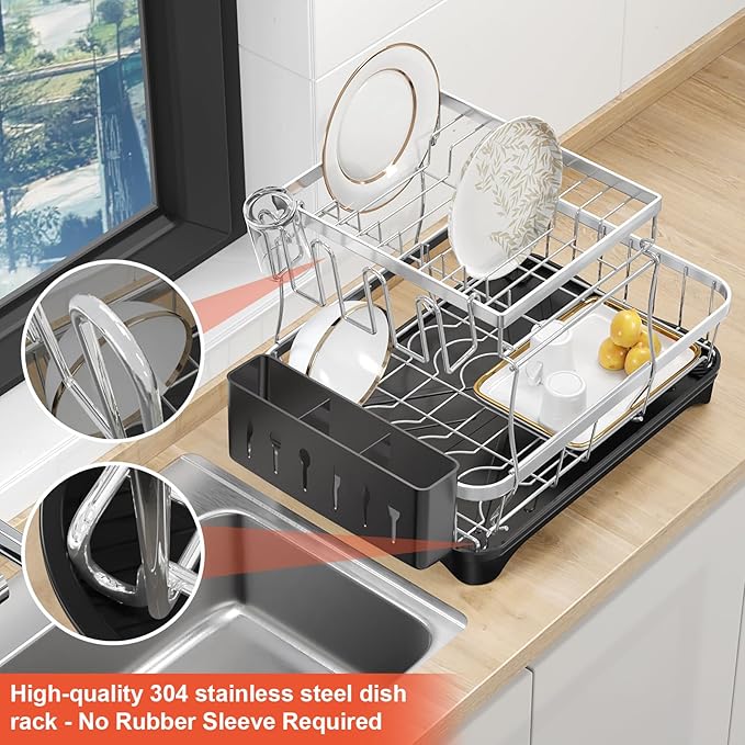 HOMEAILIE 2-Tier Dish Drying Rack for Kitchen Counter, 304 Stainless Steel with Adjustable Drainboard, Removable Utensil Holder & Water Filter Tray, Black