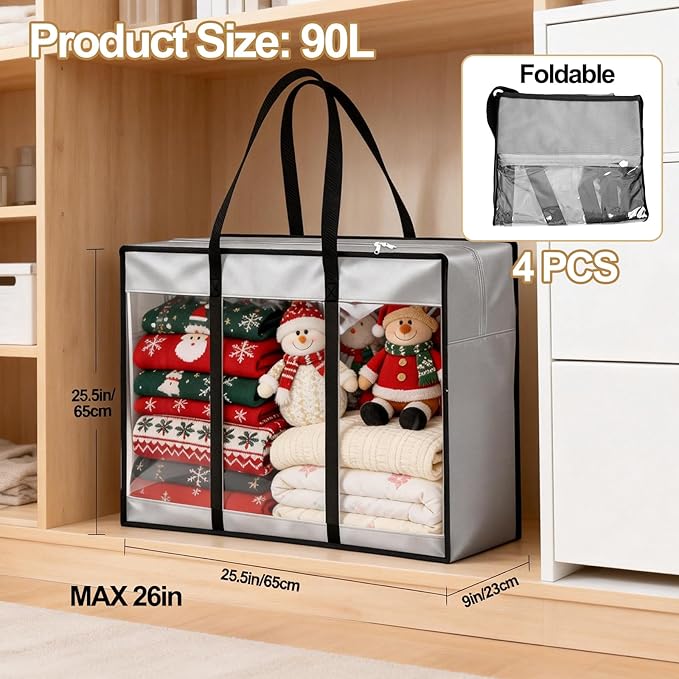 24 inches Christmas Wreath Storage Bag 4 Packs, 600D Heavy Duty Oxford Cloth Wreath Storage Container, Clear Moving Bags with Reinforced Handle for Xmas, Holiday, Moving & College Supplies