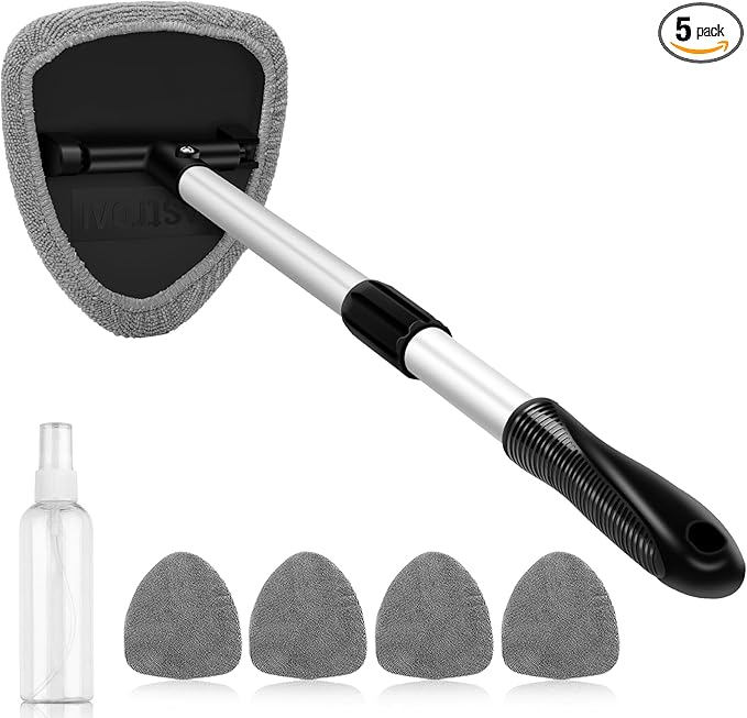 AstroAI Windshield Cleaner Tool, Car Interior Detailing Cleaning Kit with Extendable Handle and 4 Upgraded High-Density Reusable Microfiber Pads, Auto Glass Wiper Brush Kit for Cars, Gray, 15.9in-21in