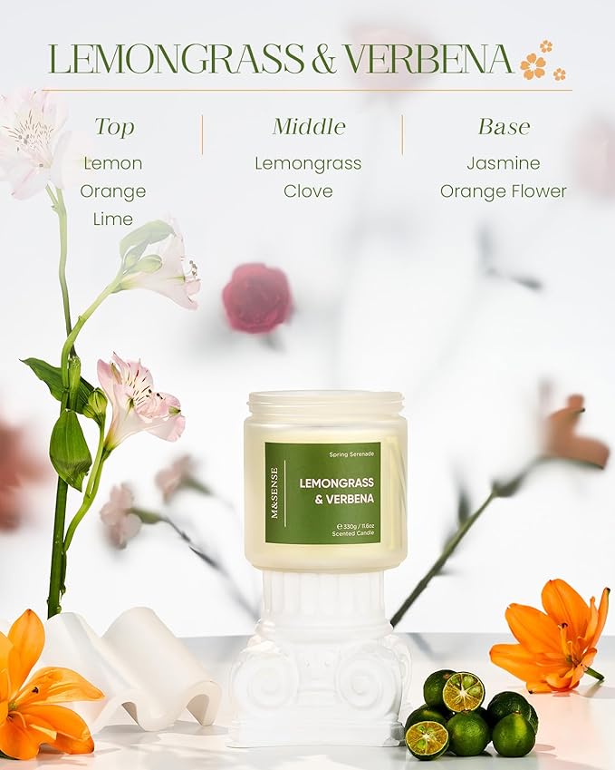 M&SENSE Lemongrass Verbena Scented 11.6oz 70 Hours Burn Non Toxic Natural Soy Wax Long Lasting Summer Scented Candle for Home Decor Aromatherapy Best Smelling Gifts for Him