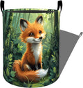 Playful Fox Sitting in Green Forest Laundry Basket with Handles, 19.7"x15.7" Clothes Foldable Cute Animal Laundry Hamper Organizer for Dorm Nursery Bedroom Bathroom Decor, Toy Storage Bin for Kids