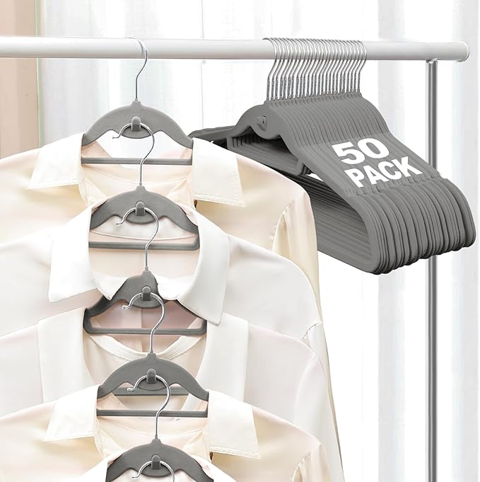 UEAKPIC Velvet Felt Stackable Hangers 50 Pack, Non Slip, with 360° Swivel Hook, Ultra Thin and Space Saving for Suits, Shirts, Coats, 15Lbs Capacity Heavy Duty, Gray