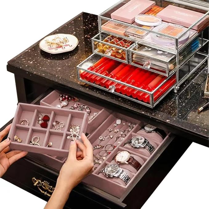 Hersoo Luxury 3-TierSilver Stackable Jewelry Organizer&Display Case,Premium Modular Storage for High-end Jewelry with Removable Pink Velvet,Elegant Jewelry Showcase