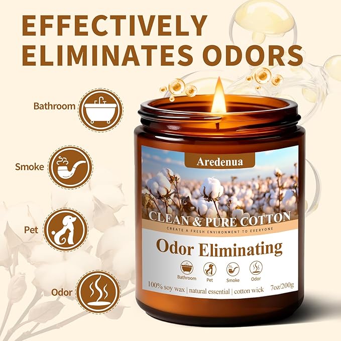 Clean & Pure Cotton Odor Eliminating Candles | Eliminates 95% of Pet, Bad Smell & Bathroom Odors – 7 oz Hand Poured Non-Toxic Soy Candle - Fresh Air Scented Candle Gentle for Pet - Gifts for Families