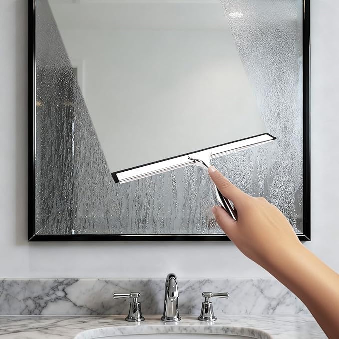 BGGo 10-Inch Shower Squeegee with Hanger, All-Purpose Stainless Steel and TPR Rubber for Streak-Free Cleaning on Glass Shower Doors, Mirrors, Windows, Tile and Car Glass