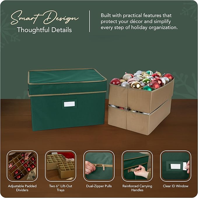 Covermates Keepsakes Adjustable Ornament Storage Box – Heavy-Duty Polyester, Padded Dividers & FlexGrid Trays – Protective Holiday Organizer with Stackable Walls & Label Window, Green