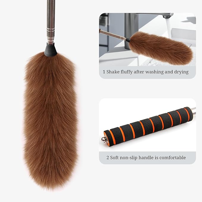 iHUFeather Lambs Wool Extendable Household Cleaning Duster 64" Wall Duster Cleaner with Stainless Steel Long Handle and Extension Pole for Cleaning High Ceiling Fan Interior Roof, Brown