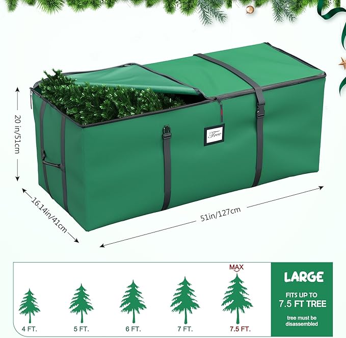 Mrrihand Christmas Tree Storage Bag - Large 7.5Ft Artificial Tree Container, Anti-Tear Heavy-Duty 600D Oxford Cloth Box With Handles (Green)