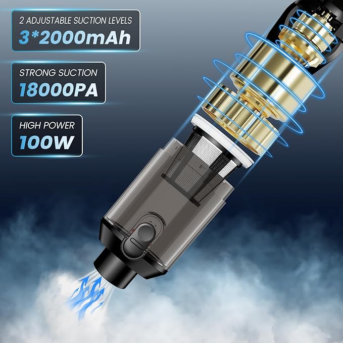 Tkkich Car Vacuum Portable Cordless with Removable Battery as 35W Power Bank, 6-in-1 Handheld Vacuum Blower Set,18000PA Mini Vacuum Cleaner 6000mAH with Brushless Motor for Car Home - 2 Batteries