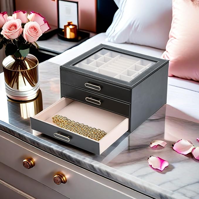 3 Layer Jewelry Organizer Box with Glass Lids & 3 Drawers - Elegant Storage Solution for Necklace, Rings，Earrings, and Bracelets - Perfect for Women ASK-301 (Black)