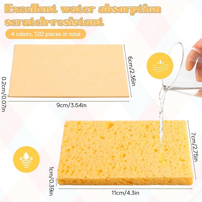 120 Pcs Kitchen Sponge Bulk Compressed Cleaning Scrub Colored Sponge, Natural Sponges Wood Pulp Sponges for Dishes for Kitchen Bathroom Cars(4.3"x2.7"x0.4")