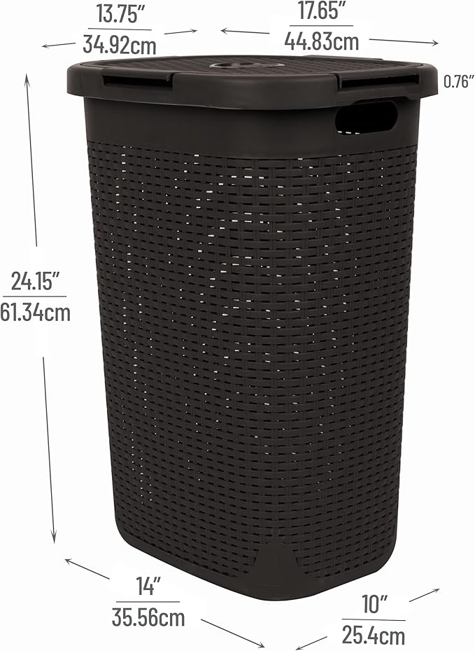 Mind Reader Slim Laundry Hamper with Lid, 60L Clothes Basket, Premium Wicker Design, Plastic, Brown