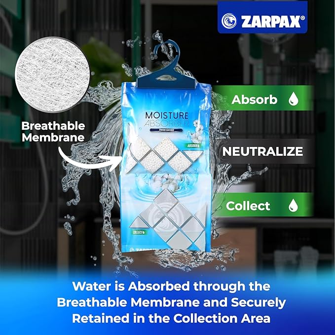 ZARPAX Hanging Moisture Absorber Fresh Cotton 10.6 oz/300g | Moisture Absorbing Bags for Bathroom, Closet, Kitchen & Vehicles | Removes Moisture, Humidity & Odors | Portable Dehumidifier | Set Of 10