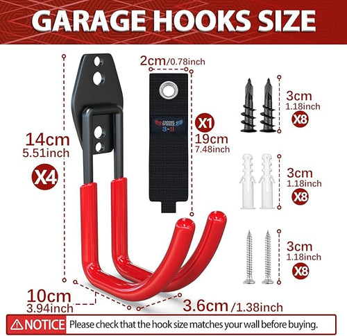 3-H Garden Hose Holder Wall Mount 4 Pack,Solid Steel Hose Hanger,Water Hose Holders for Outside,Perfect for Hanging Outdoor Air Hose,Ropes,Pipes,Garden Tools,Ladders,Bikes,Bulk Items(Red)
