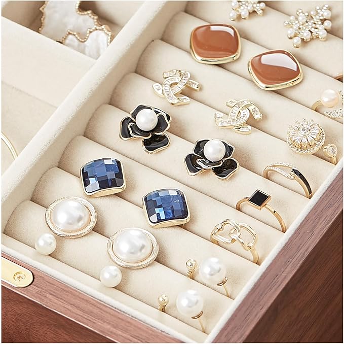 Homruilink Black Walnut Wooden Jewelry Box Women large 5 Layer Drawer Wood Organizer Box with Glass Lid for Necklaces, Watch, Necklace, Ring, Earring Storage - Valentine's Day Gifts