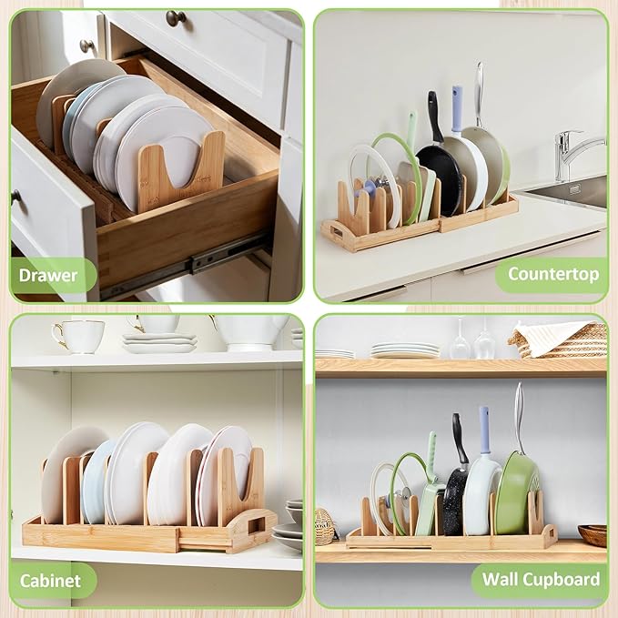 Kirosy Pots and Pans Organizer under Cabinet, Pot Lid Organizer Bamboo Expandable with 10 Adjustable Dividers, Pan Holder Kitchen Storage Rack for Cutting Board, Baking Tray and Cookie Sheet