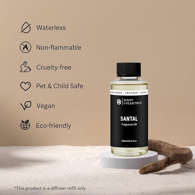 Luxury Hotel Scent Santal Diffuser Oil Waterless Essential Aromatherapy for Cold Air & Car Diffusers – Long Lasting Refill for Large Room & Home - Non Toxic, Signature Sandalwood (200ml/6.76Fl oz)