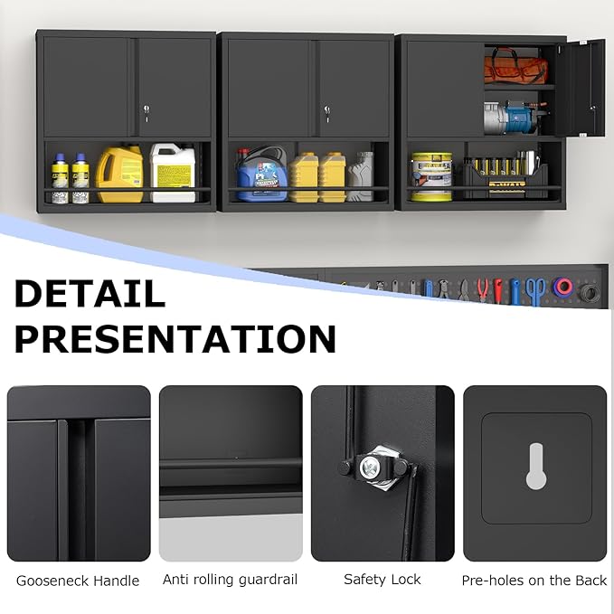 Garage Storge Cabinet, Metal Wall Storage Cabinet with Lock, Wall Mounted Heavy Duty Steel Tool Cabinet with Door and Shelf, Hanging Cabinet for Garage Warehouse Bathroom Kitchen