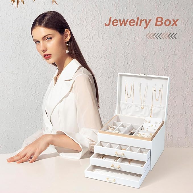 Jewelry Organizer Box, Women Jewelry Box White Jewelry Case 3-Layer with 3 Drawers, Jewelry Boxes for Women Jewelry Organizer, White