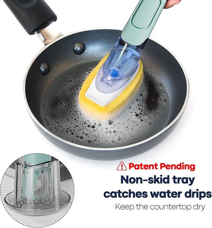 Dish Brush with Soap Dispenser Storage Set with 2 PCS Sponge Refills & Holder, Soap Dispensing Dish Brushes, Sponge with Soap Dispenser Handle, Dish Sponges with Handle for Dishes Pans Pots Sink