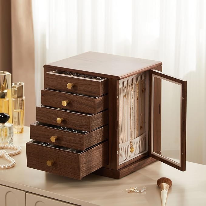 Black Walnut Wooden Jewelry Box - 360° Rotating Jewelry Organizer for Women with 5 Drawers for Rings,Necklaces,Earrings and Bracelets -Large Storage Case - Valentines Day Gifts for Her