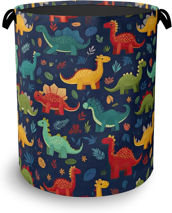 Cute Dinosaur Laundry Hamper,Fern Plants Dirty Clothes Laundry Basket with Handles Waterproof Oxford Cloth Storage Basket for College Dorms Bathroom Bedroom 16" x 20.8"