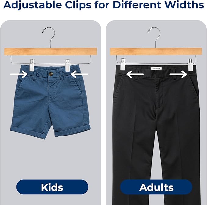 SereneLife 10 Pack Skirt and Pant Hanger with Adjustable Non-Slip Steel Clips, Premium Wooden, 360° Swivel Hook & 10 lb Capacity – Space-Saving Heavy-Duty Hangers for Jeans, Shorts & Slacks (Natural)