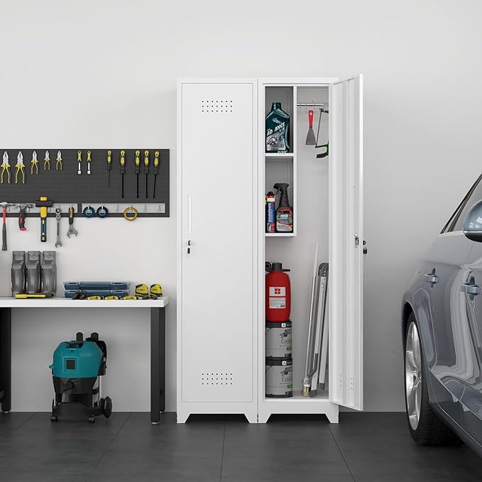 Slim Broom Closet Storage Cabinet, 65" H Metal Cabinets with Locking Door and Shelves & S-Hooks, Utility Closet, Narrow Storage Cabinets for Home Office, Pantry, Bathroom, Garage, White