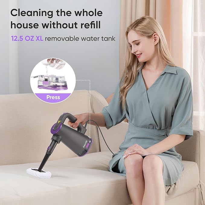 Seyola Steam Mop Cleaner for Hardwood Floor Cleaning, Hands-free Steamer Cleaner Handheld with 9-in-1 Multi-purpose Attachments for Bathroom, Windows, Sofas, Clothes, Tiles Grout (Purple-Grey)