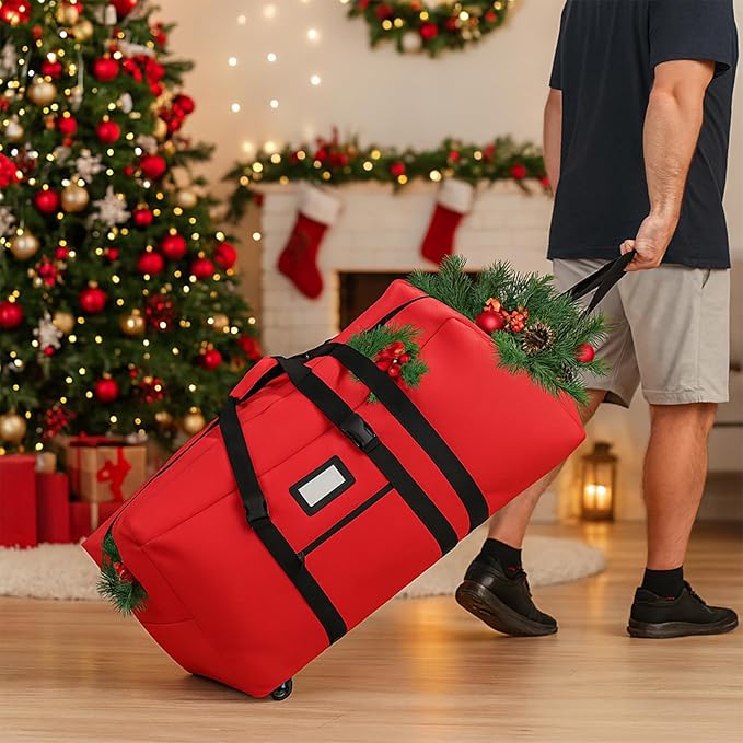 7.5 ft Christmas Tree Storage Bag, Heavy Duty Rolling Xmas Tree Bag with Reinforced Handles and Wheels, Large Storage Container for Trees and Decorations, Red