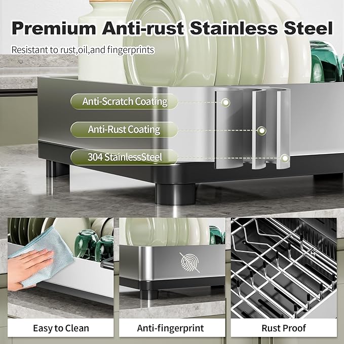 Ewaiira Dish Drying Rack, 304 Stainless Steel Dish Racks for Kitchen Counter, Dish Drainers with Automatic Drainage, Utensil Holder & Cups Holder, Space Saving Kitchen Organizer (1-Tier Silver)