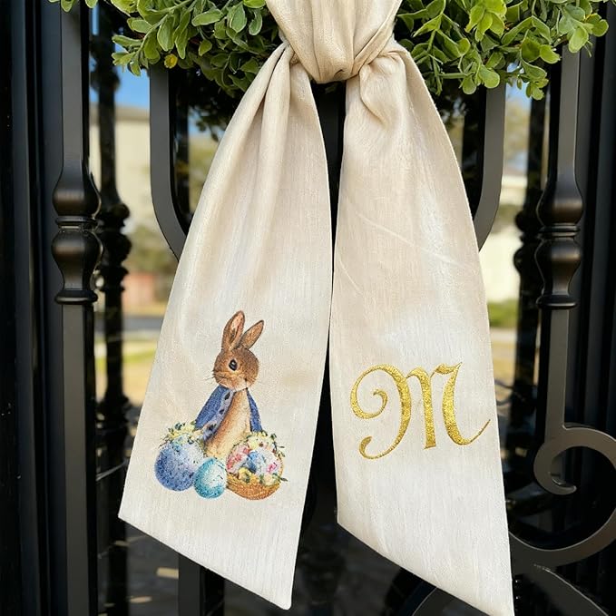 Rabbit Easter Wreath Bow Custom Embroidered Monogram Spring Bunny Wreath Sash for Front Door Hand Tailored Easter Decorations Spring Bows for Wreaths (U)