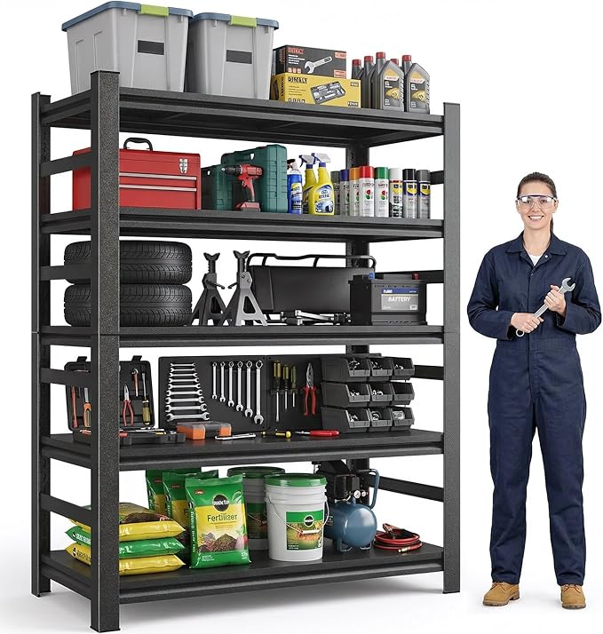 Notmise Metal Garage Shelving Unit, Heavy Duty Steel Storage Rack with High Load Capacity, Ideal for Garage, Warehouse, Basement, or Home Organization Solutions, Black (71" H×35" W×14" D)