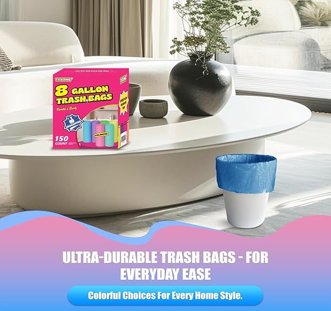 T.FORING 8 Gallon Trash Bags Colored - 150 Count Medium Garbage Bags Unscented, 30 Liter Thick Trash Can Liners, Plastic Wastebasket Liners for Home Kitchen Bathroom