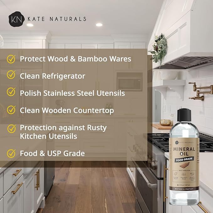Kate Naturals Mineral Oil for Wood Cutting Board, Butcher Block, and Knife. Food Grade Mineral Oil for Wooden Cutting Board & Utensils (8oz, Food Safe)