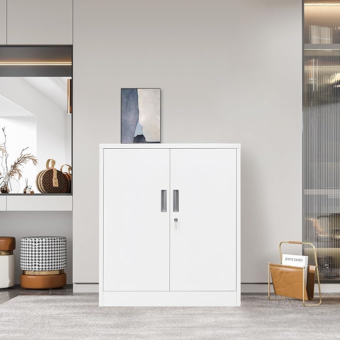 CJF Pantry Cabinet, Metal Storage Cabinets with Shelves and Doors, Steel Locking Cabinet for Kitchen Storage, Home Office, Garage, Utility Room and Basement, 36.2" H x 31.5" W x 15.7" D (White)