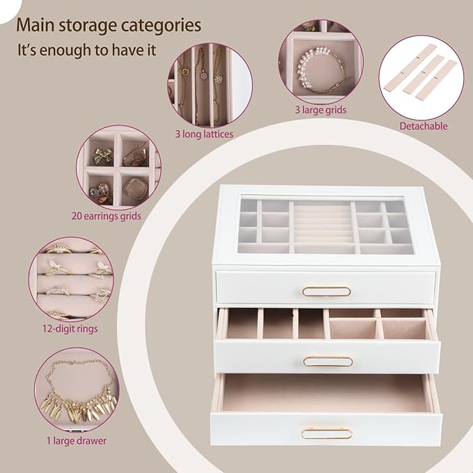 Jewelry Box Organizer with Glass Lids 3 Layer Jewelry Storage Case PU leather Jewelry Boxes for Woomen Suitable for Storing Rings Necklaces Earrings, Bracelets Gift Box for Girls