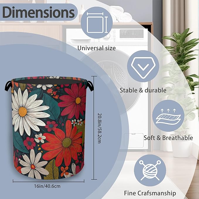 Retro Red Daisy Flowers Laundry Hamper,Dirty Clothes Laundry Basket with Handles Waterproof Oxford Cloth Storage Basket for College Dorms Bathroom Bedroom 16" x 20.8"