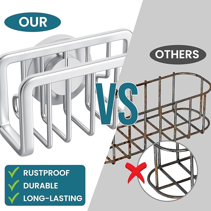 TAILI Sponge Holder for Kitchen Sink with Strong Suction Cup, Rustproof Aluminum Sink Caddy for Sponges, Removable Sponge Holder, Dish Brush for Scraper - Silver