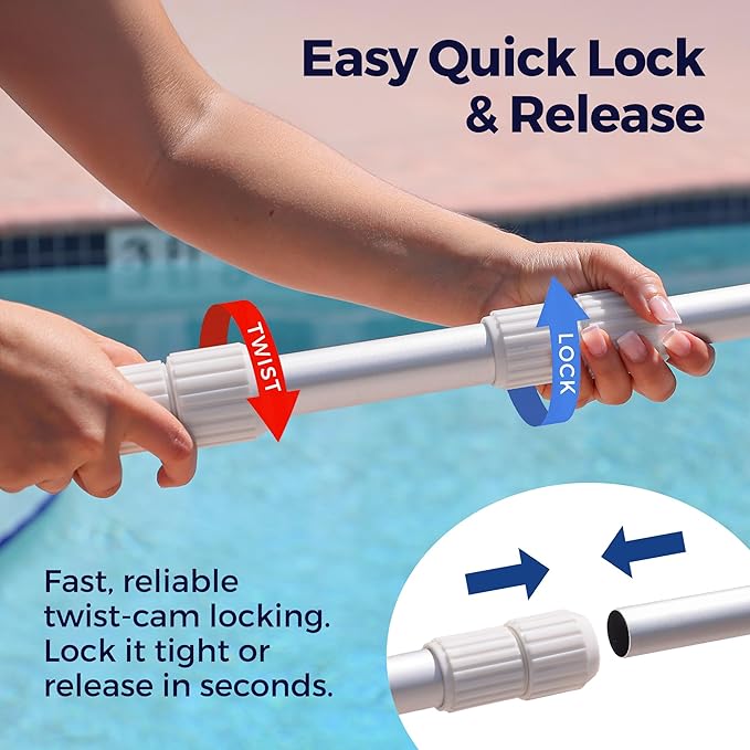 440 Telescopic Pool Pole 12ft - Heavy Duty Aluminum, Telescoping Pool Skimmer Pole for Leaf Rake, Net, Brush, Vacuum Head - Adjustable Handle Stick for Standard Attachments, Cleaning Swimming Pools