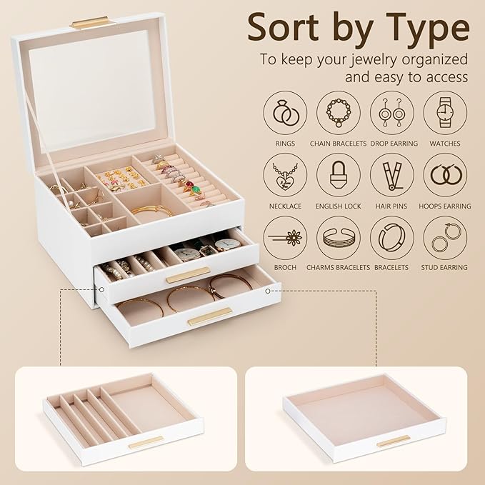 3-Layer Jewelry Box for Women, Jewelry Organizer with Glass Lid and Drawers, Jewelry Organizers and Storage for Necklaces, Rings, Earrings, Bracelets - White/Green/Black.
