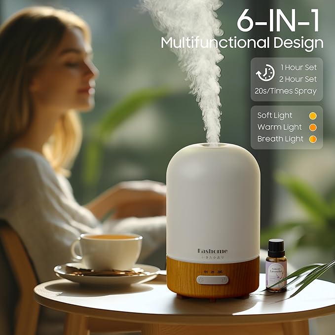 Essential Oil Diffuser Hand Blown Glass, 100ml Small Aromatherapy Diffuser, Auto Shut-Off Function, Ultrasonic Diffusers for Essential Oils, Cool Mist Humidifier with Warm White Lights（White）