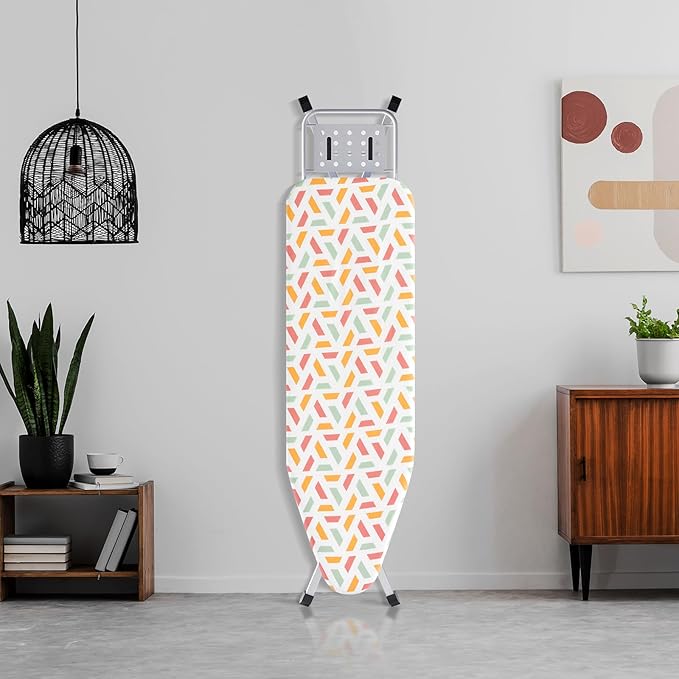 BKTD Ironing Board, Heat Resistant Cover Iron Board with Steam Rest, Non-Slip Foldable Ironing Stand. Heavy Sturdy Metal Frame Legs Iron Stand(13 * 34 * 53 Inches) (Geometric White)