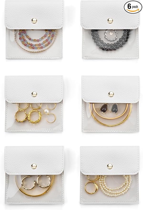 Popvibe 6 Pcs Mini Pouch Small Jewelry Bags Travel Clear Jewelry Storage Bag, Leather Jewelry Pouches for Traveling Velvet Transparent Jewelry Bags for Women, white