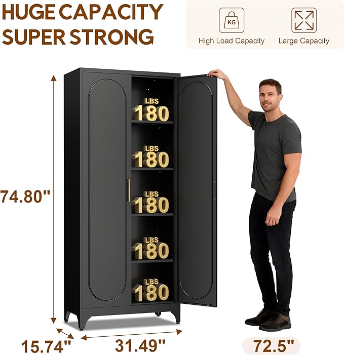 75" Tall Pantry Storage Cabinet, Tall Kitchen Pantry Storage Cabinet with Doors and 4 Adjustable Shelves, Freestanding Cupboard for Kitchen, Dining Room, Living Room, Bathroom, Black