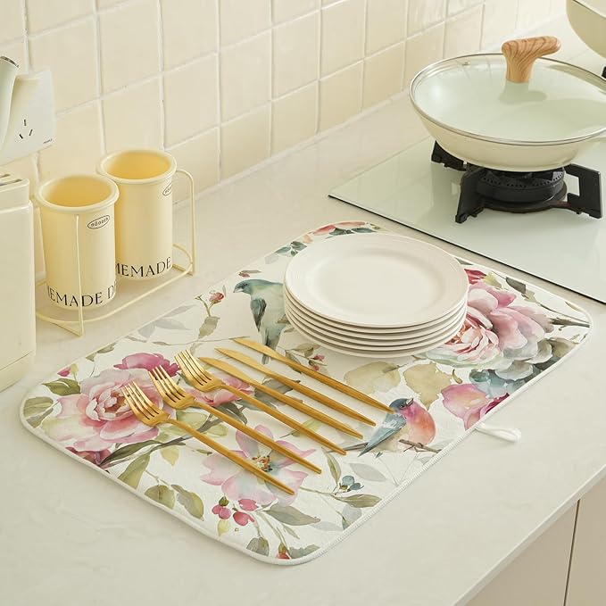 Floral Dish Drying Mat 18x24 Inch Watercolor Flower Bird Drying Mat Spring Summer Seasonal Absorbent Dish Drying Pad Dish Rack Drainer Mats for Kitchen Dining Counter